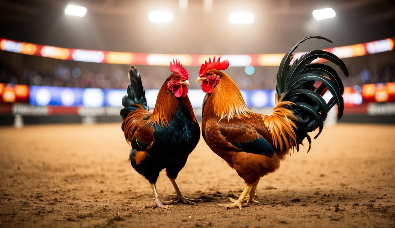 Seekor ayam jantan dan ayam betina berhadapan di arena sabung ayam online dengan berbagai pilihan taruhan.