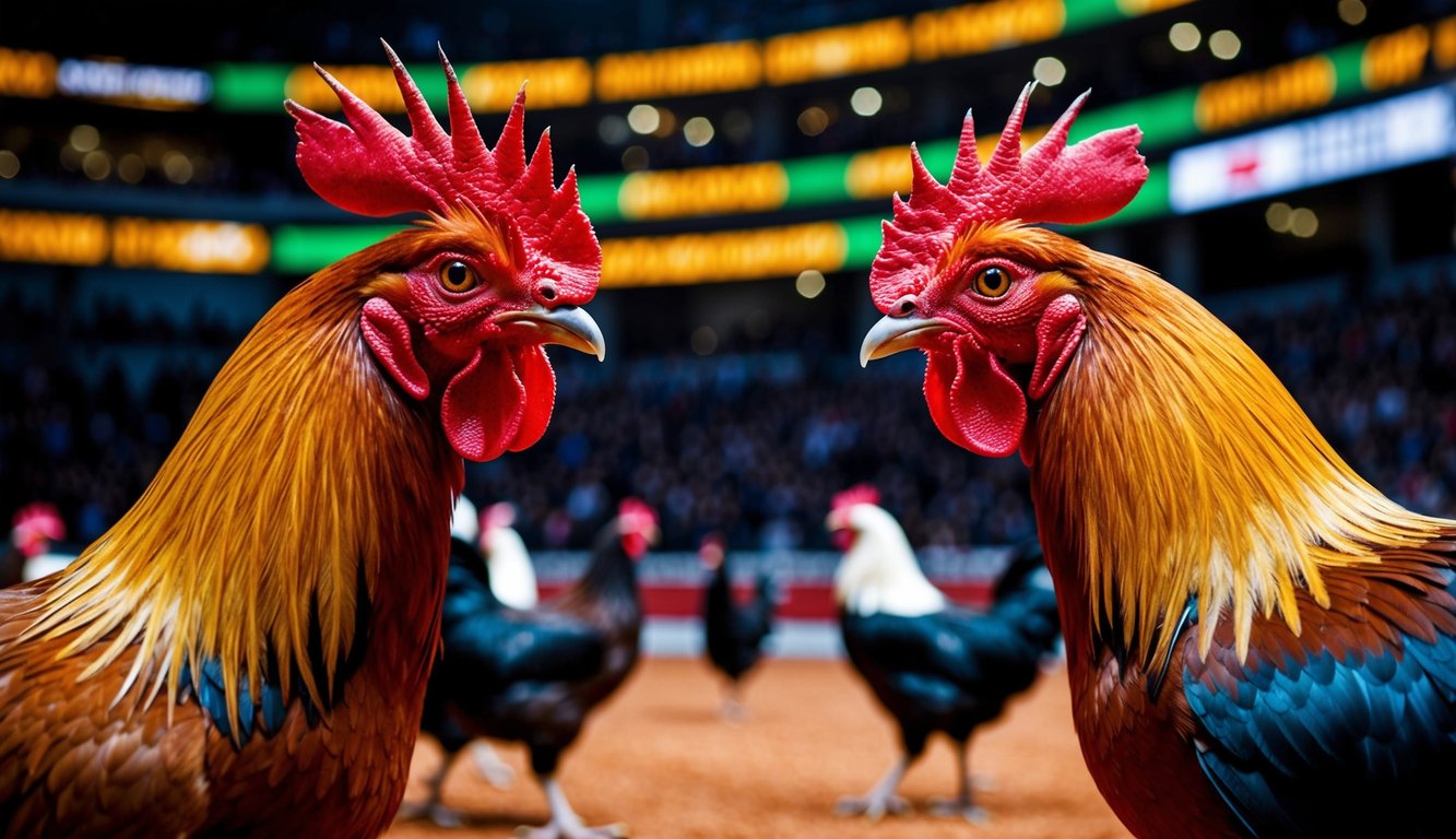 Dua ayam jantan saling berhadapan di arena sabung ayam online yang ramai dengan peluang kemenangan yang tinggi