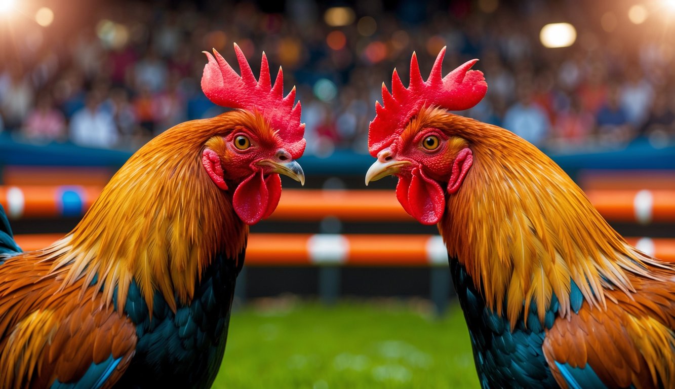 Dua ayam jantan berhadapan di arena sabung ayam online yang ramai dan penuh warna dengan peluang menang yang tinggi