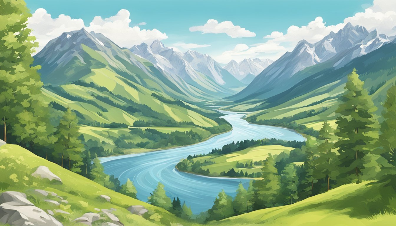 Austrian landscape with mountains, forests, and a streaming river. A clear blue sky with fluffy white clouds overhead