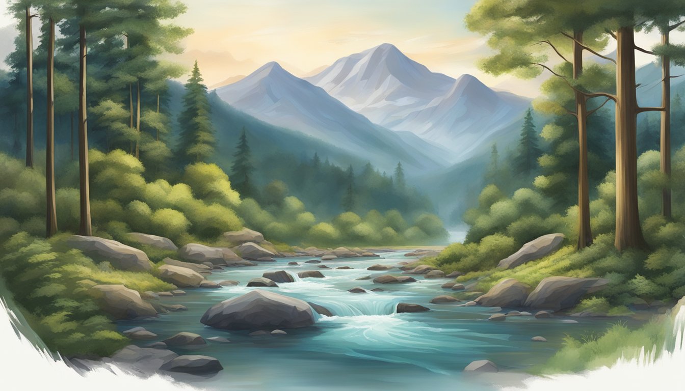 A serene forest clearing with a streaming river, surrounded by towering mountains and a glimpse of wildlife peeking through the trees