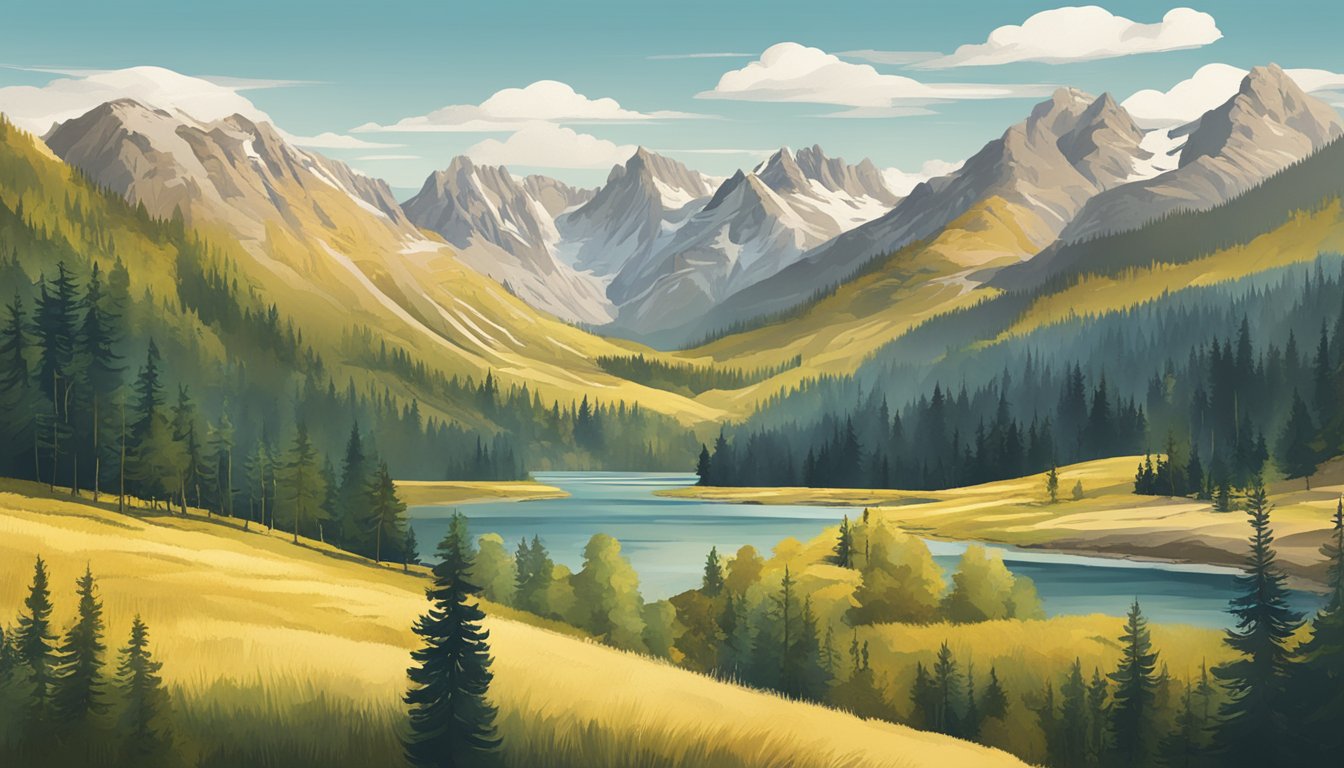 Austrian landscape with a TV screen showing the series "Yellowstone," surrounded by mountains and forests