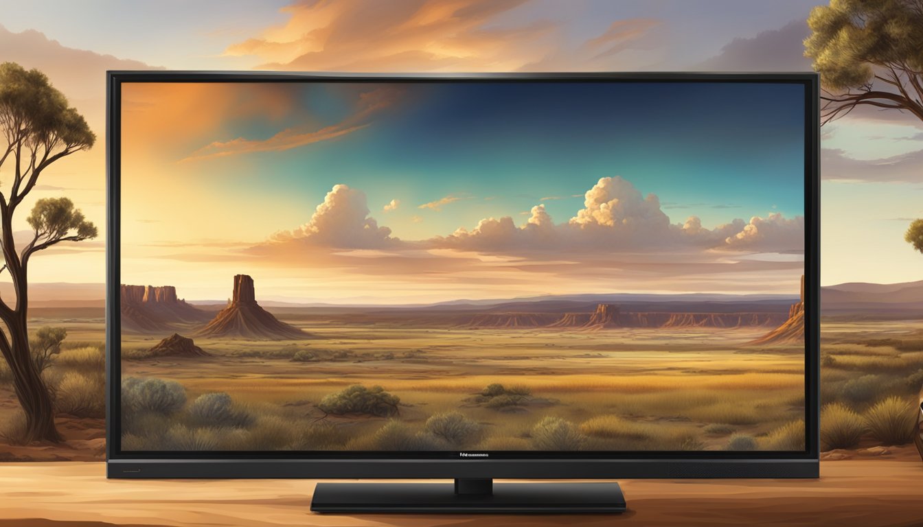 A picturesque Australian landscape with a television or streaming device displaying the show "Yellowstone" against a backdrop of the iconic Australian outback