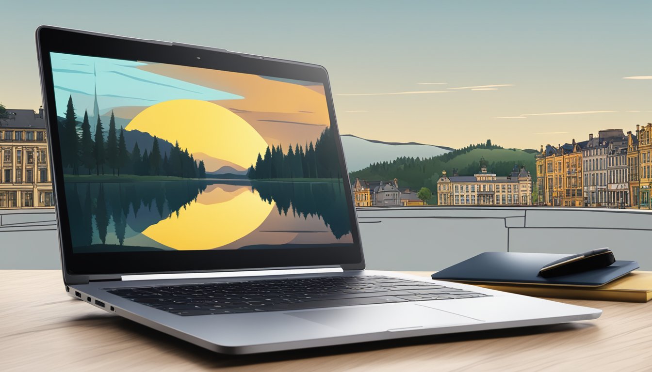 A laptop with the Yellowstone series streaming on the screen, set against a backdrop of Belgian landmarks