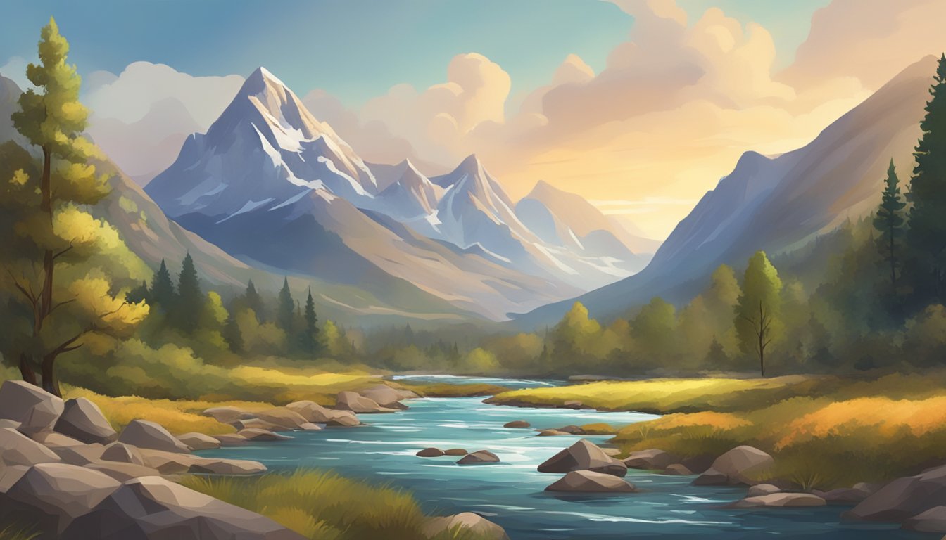 A scenic landscape with a rugged terrain, a flowing river, and a majestic mountain range in the background