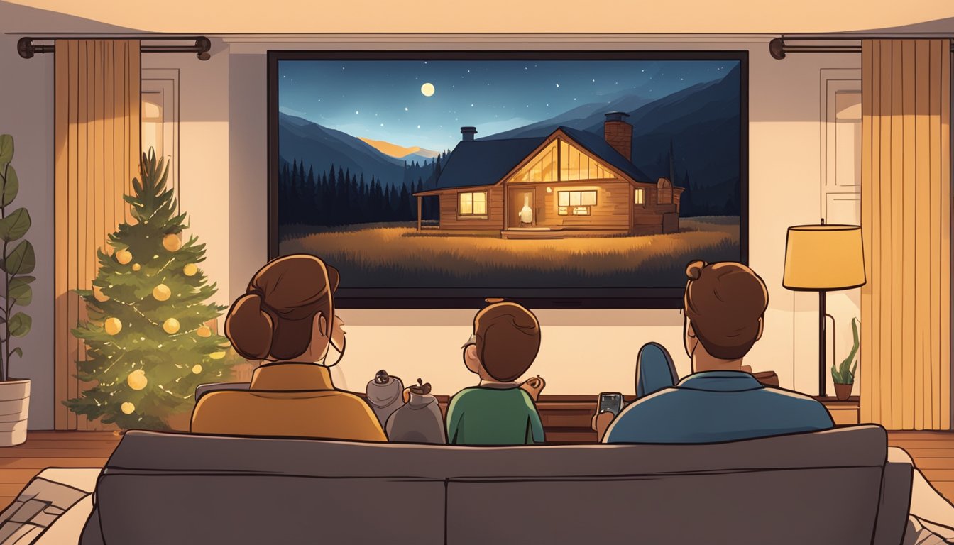 A Belgian family watches Yellowstone on a TV screen, surrounded by cozy living room decor and warm lighting