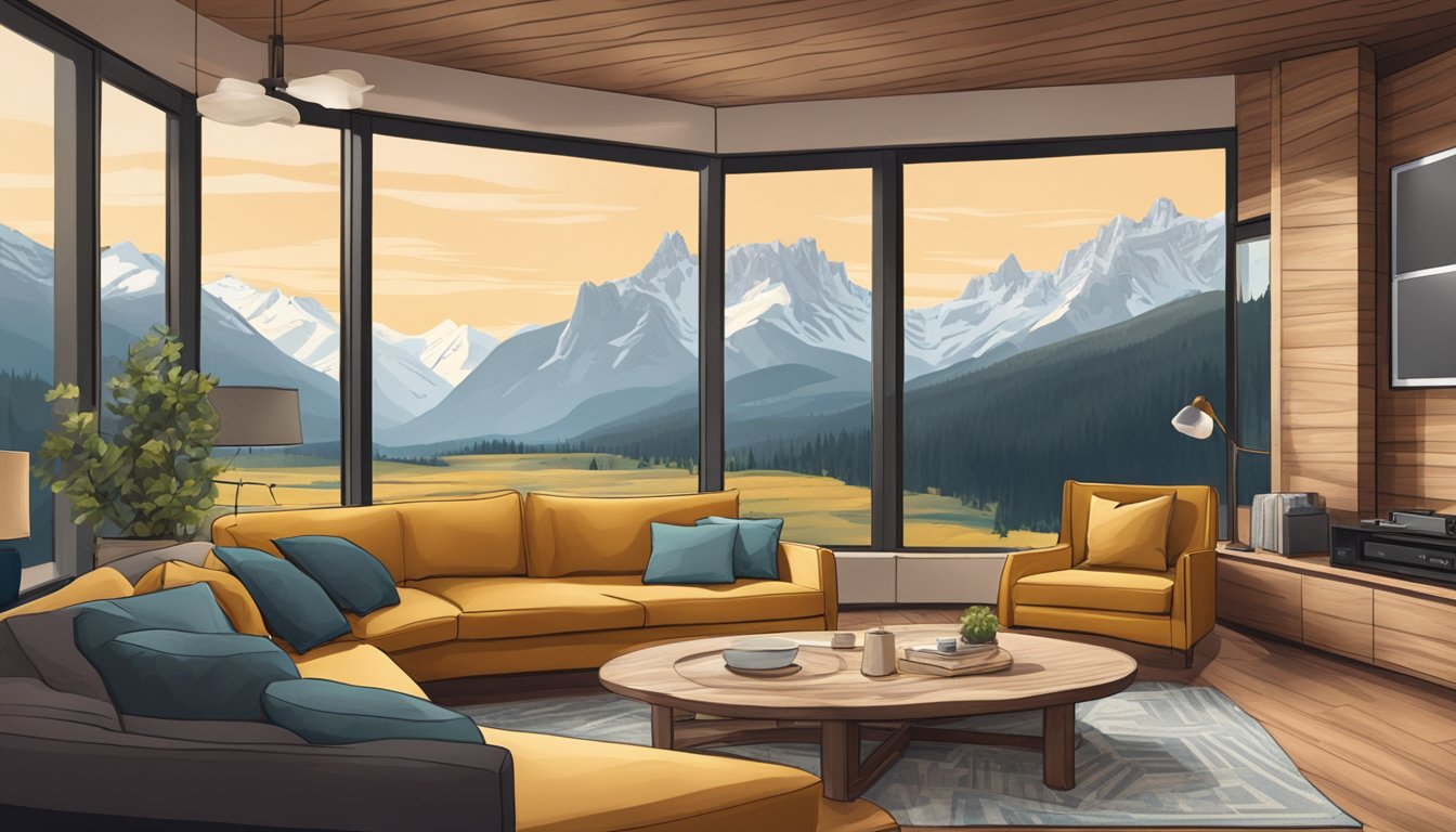 A cozy living room with a large TV showing 'Yellowstone' surrounded by Austrian mountains through the window