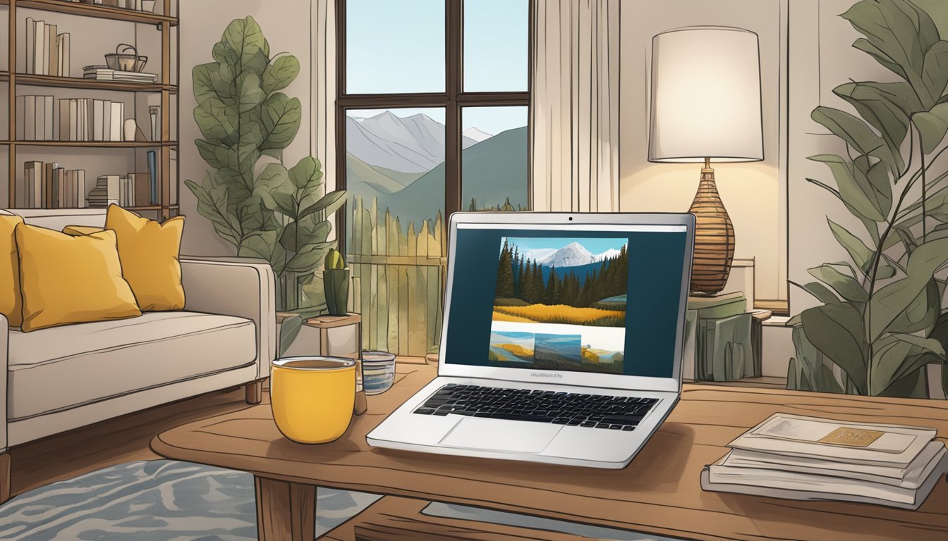 A laptop with a streaming service open, displaying the show "Yellowstone" in a cozy living room with Belgian decor