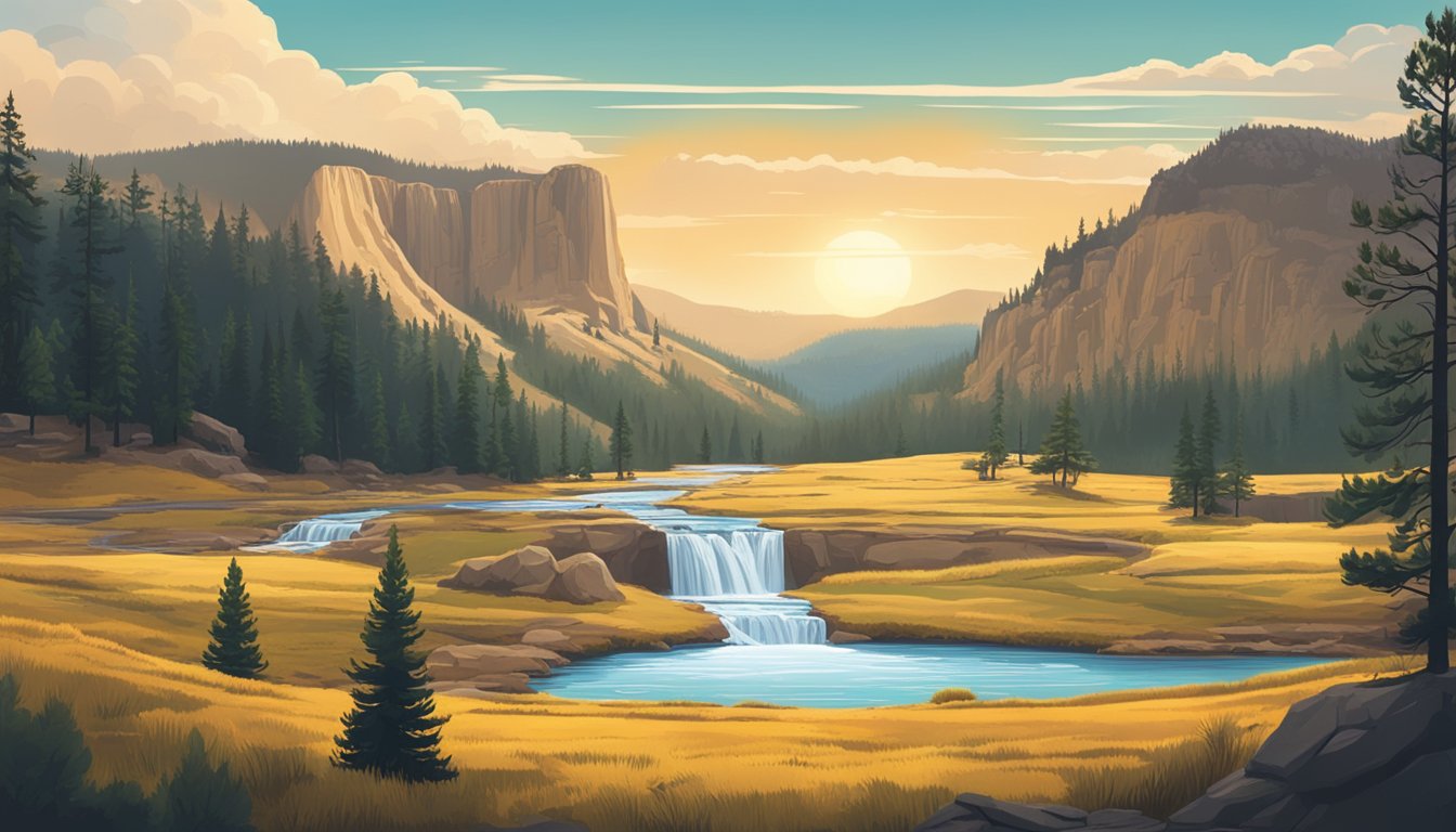 A picturesque landscape with the iconic Yellowstone National Park sign and a streaming service playing the latest seasons and episodes of the show in Australia