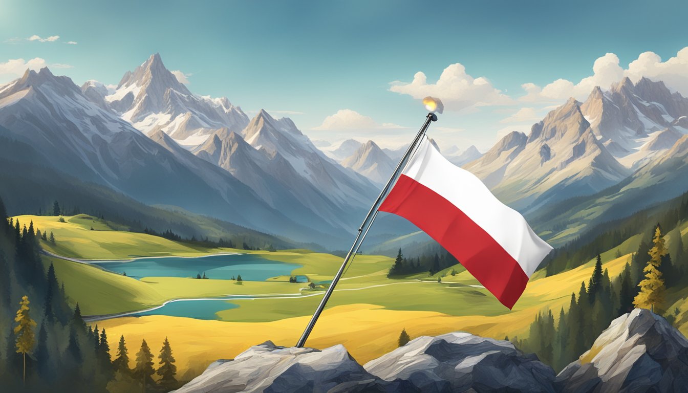 Austria's flag waving in the wind against a backdrop of the picturesque Alps, with a streaming device displaying the show "Yellowstone" in the foreground