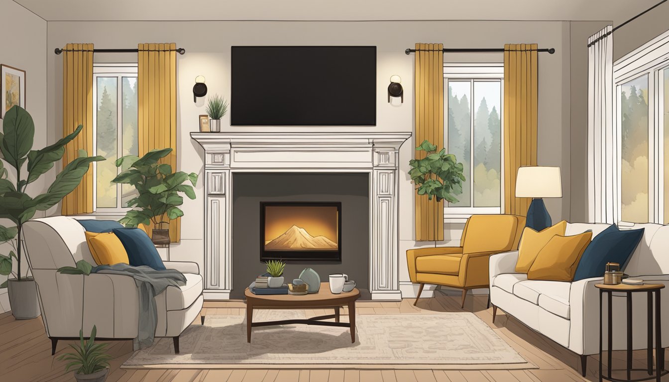 A serene Belgian living room with a TV displaying the drama of Yellowstone, surrounded by cozy furniture and warm lighting