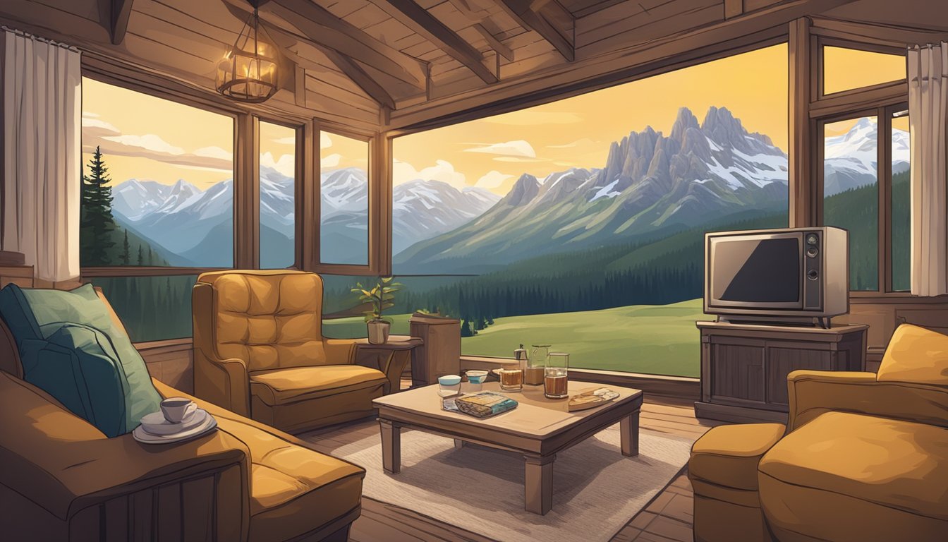 A scenic view of the Austrian Alps with a television or computer screen displaying the show "Yellowstone" surrounded by cozy furniture and snacks