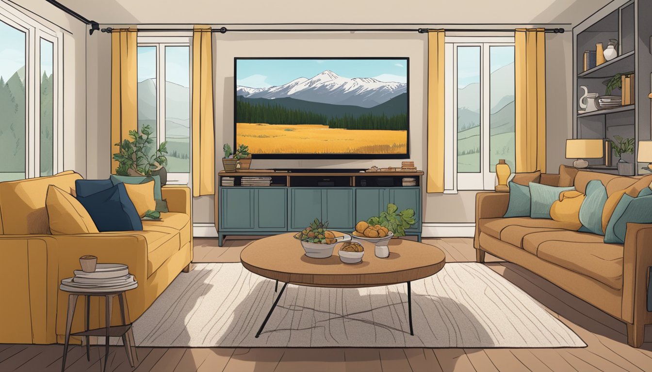 A cozy living room with a large TV showing the latest episode of "Yellowstone," surrounded by snacks and comfortable seating