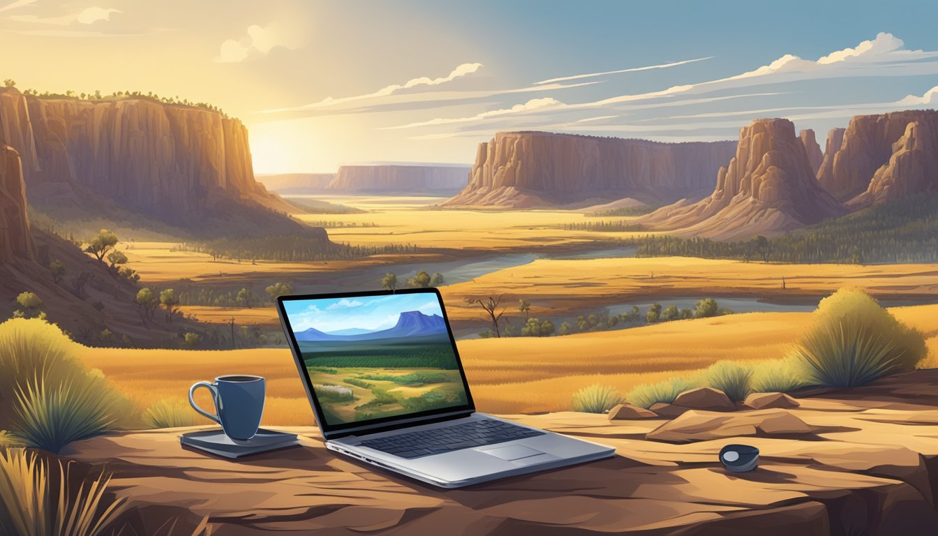 A scenic view of the Australian outback with a television or laptop displaying the show "Yellowstone" amidst the rugged terrain