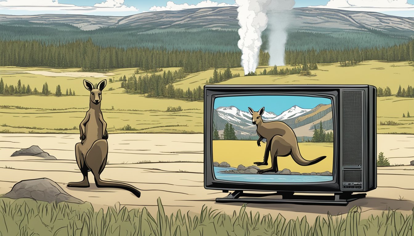 A kangaroo grazes in front of a television showing the iconic geysers and wildlife of Yellowstone National Park