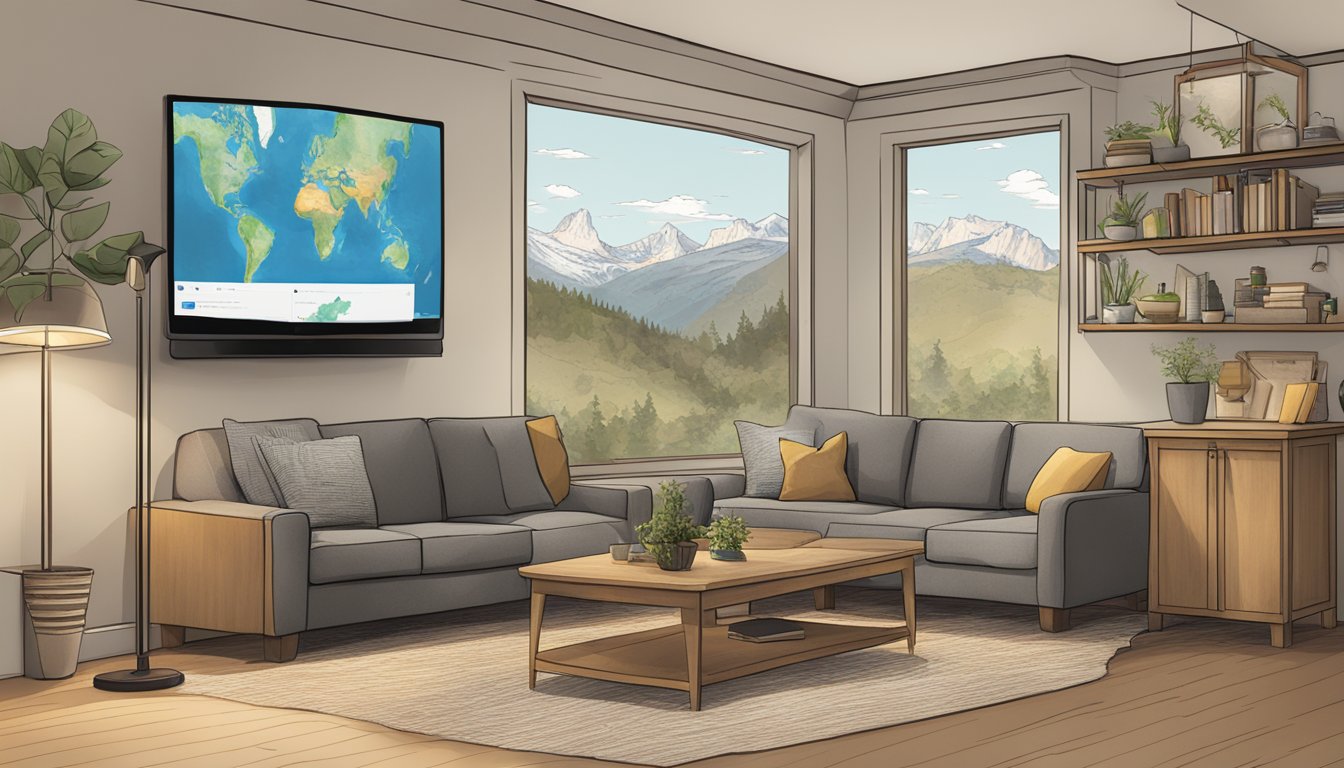 A family room with a TV, laptop, and tablet, all displaying the show "Yellowstone." An Australian map on the wall