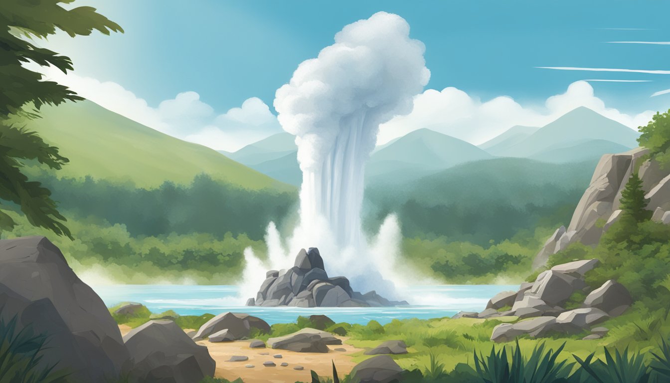 A rugged landscape with a geyser erupting, surrounded by lush greenery and a clear blue sky