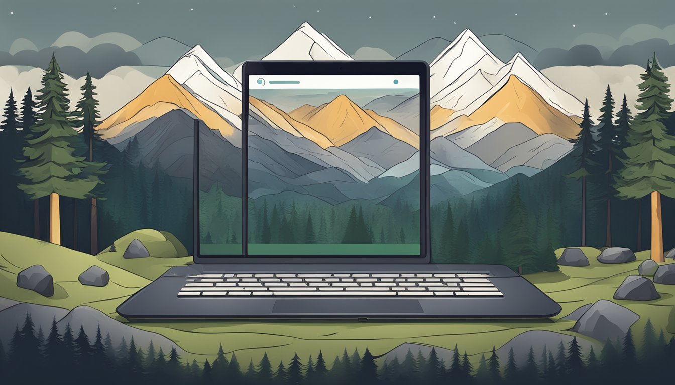 A rugged landscape with a streaming service logo on a device, surrounded by pine trees and mountains under a moody sky