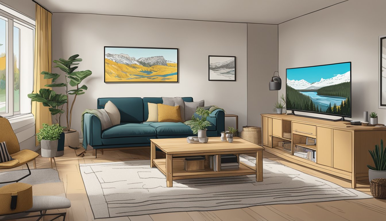 A cozy living room with a TV displaying the show "Yellowstone" in Denmark. A map of Yellowstone National Park hangs on the wall