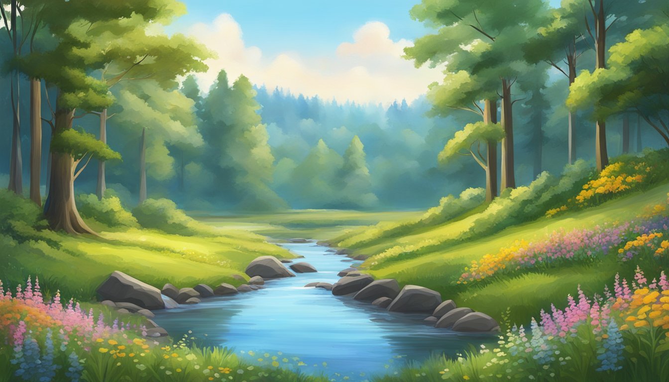 A serene forest clearing with a streaming river, surrounded by lush greenery and colorful wildflowers, under a clear blue sky