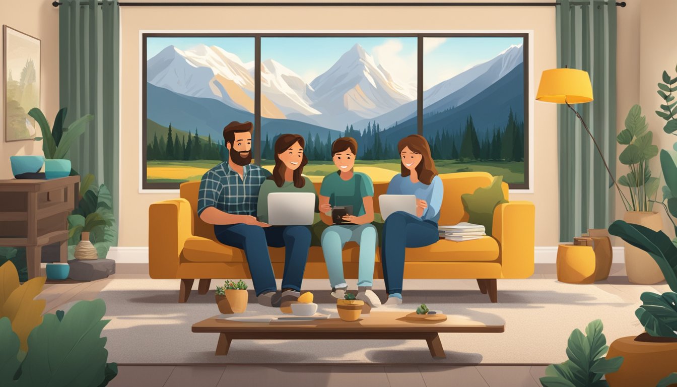 A Canadian family sits on a cozy couch, streaming "Yellowstone" on their smart TV while surrounded by nature-themed decor