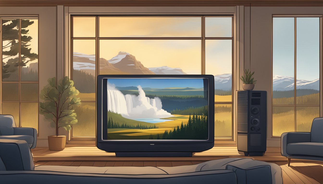 A serene Danish landscape with a television or computer screen displaying the show "Yellowstone" amidst cozy seating and warm lighting