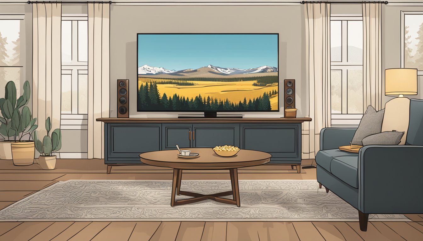 A cozy living room with a large TV displaying the show "Yellowstone." A remote control and a bowl of popcorn sit on the coffee table