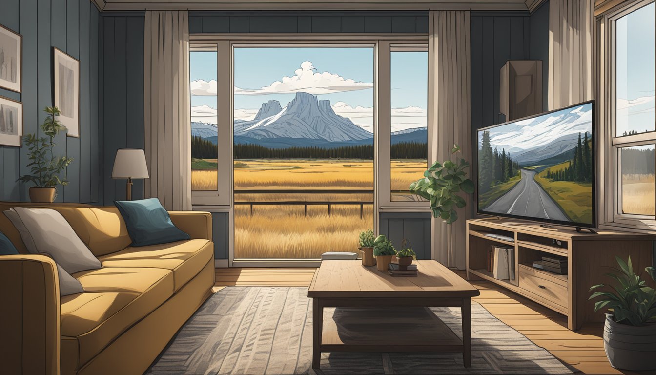 A cozy living room with a large TV showing the dramatic landscapes and intense drama of Yellowstone. Outside, the Danish countryside is visible through the window