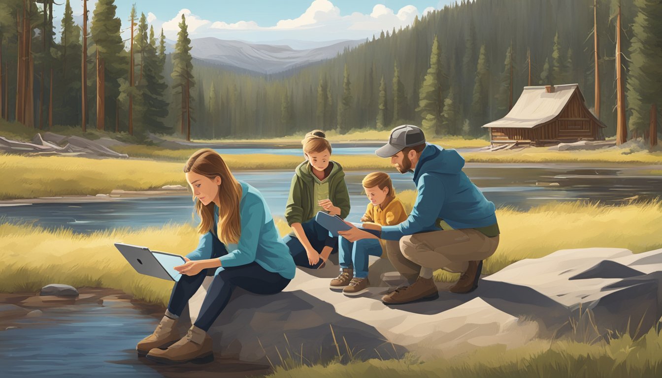 A Finnish family using a tablet to explore an interactive storytelling experience set in Yellowstone National Park