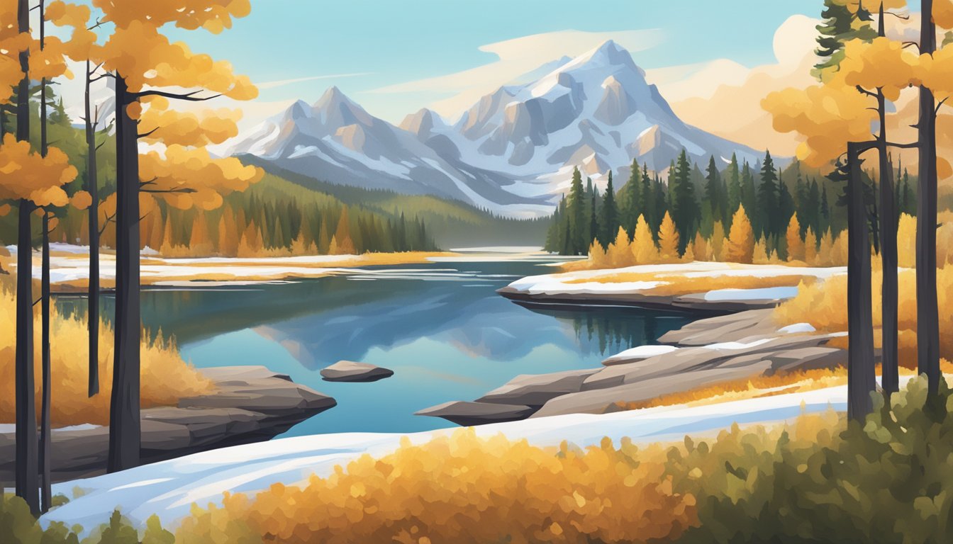 A tranquil Canadian landscape with a streaming service playing "Yellowstone" on a digital device, surrounded by seasonal elements like snow or fall foliage