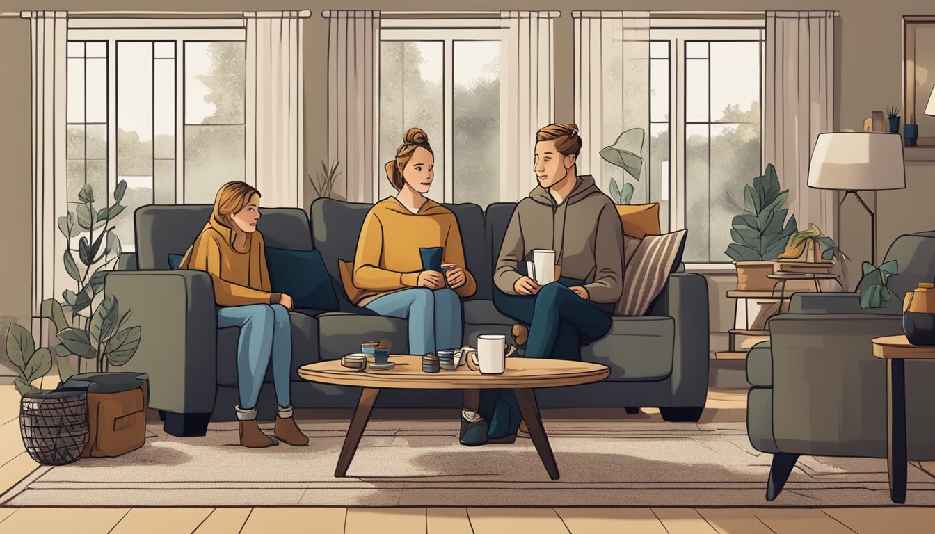 A Danish family watches the TV show "Yellowstone" on their cozy living room couch, surrounded by Nordic decor and sipping on hot beverages