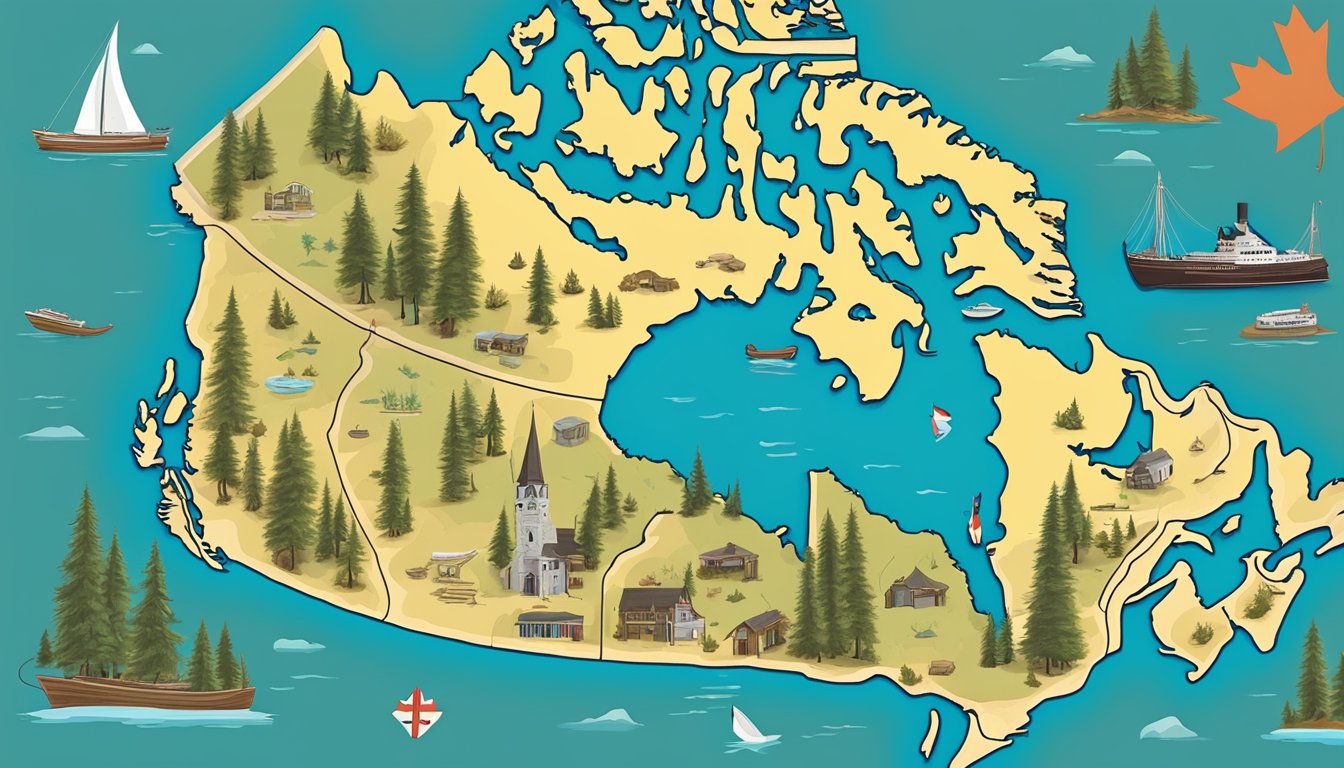 A map of Canada with a television screen showing the TV show "Yellowstone" surrounded by Canadian cultural and historical artifacts