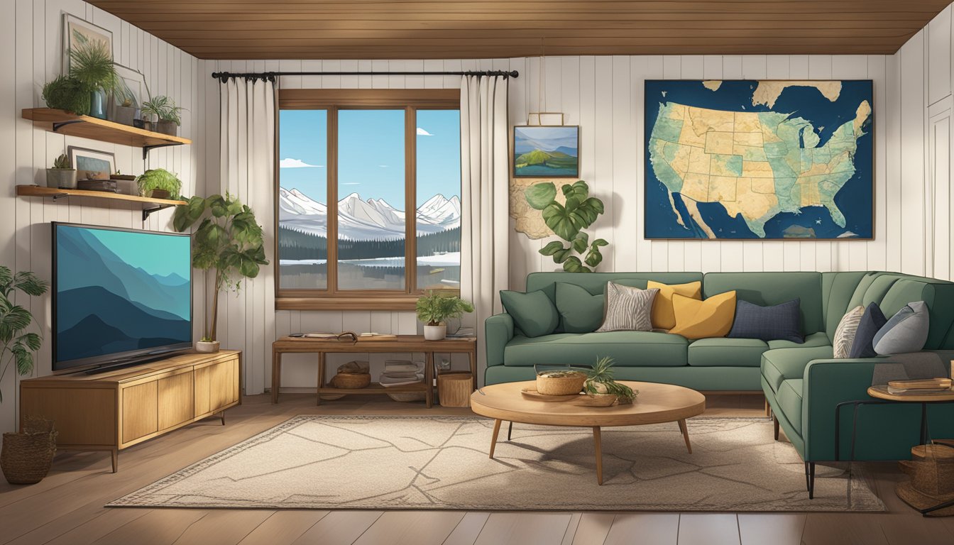 A cozy living room with a large TV displaying the show "Yellowstone," surrounded by Finnish decor and a map of Yellowstone National Park on the wall