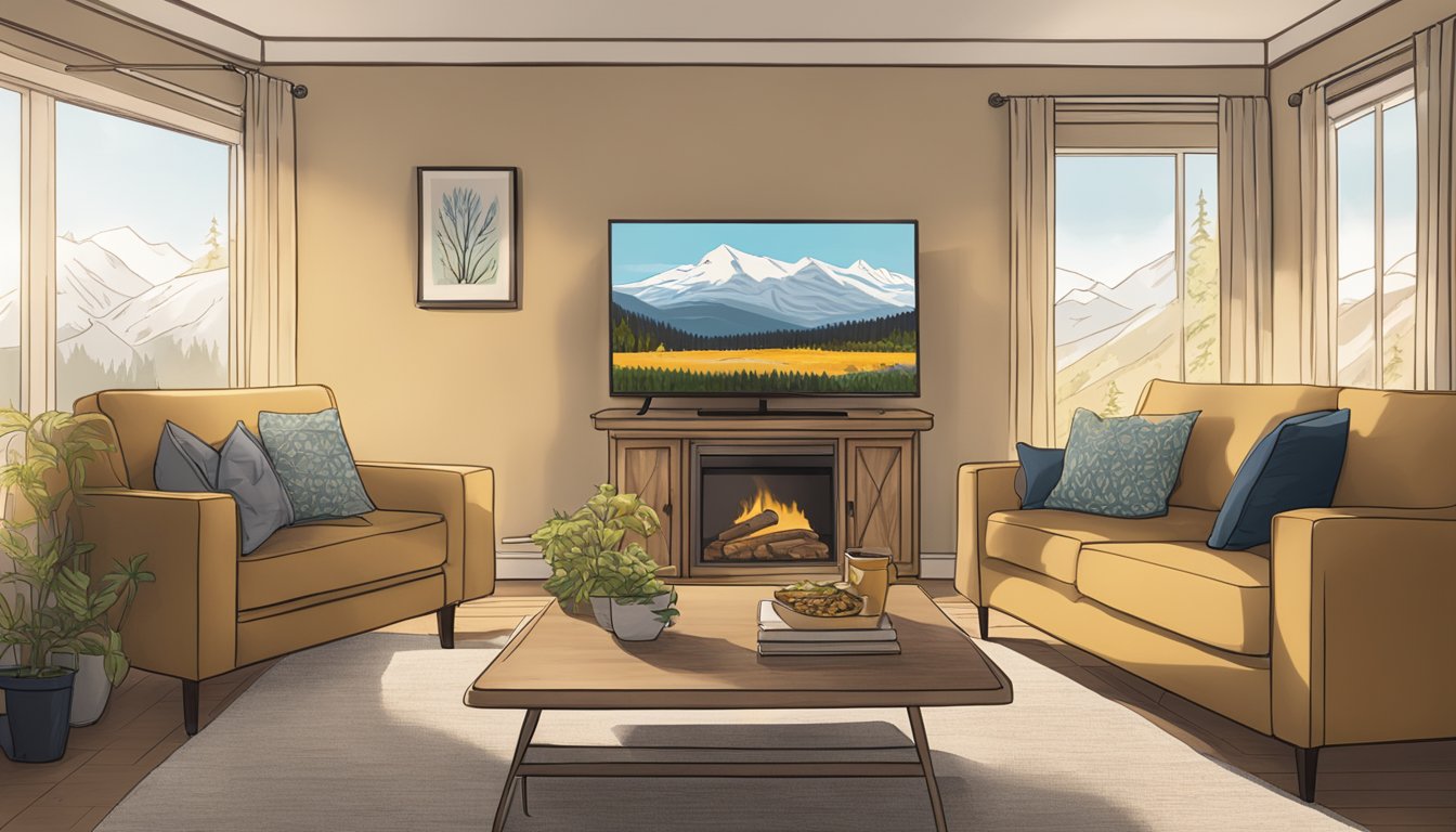 A cozy living room with a large TV showing the show "Yellowstone" in Canada. A bowl of popcorn sits on the coffee table