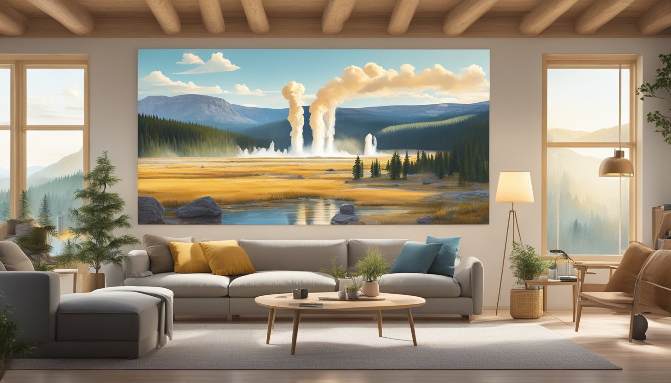 A picturesque landscape with geysers, wildlife, and tourists exploring Yellowstone's natural beauty, with a screen displaying the show "Yellowstone" in a cozy Danish living room