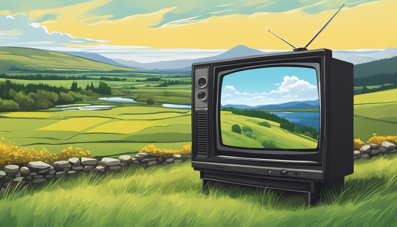 A scenic view of the Irish countryside with a television screen displaying the Yellowstone series