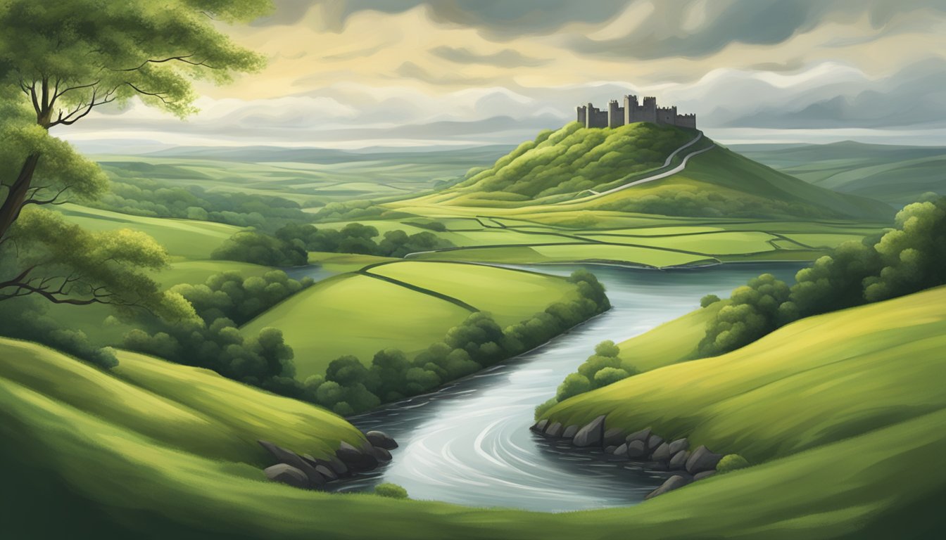 A tranquil Irish landscape with rolling green hills, a winding river, and a distant castle under a moody sky