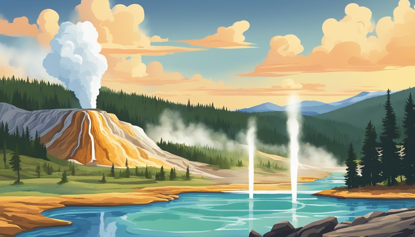 A picturesque landscape of Yellowstone National Park with iconic geysers and colorful hot springs, set against a backdrop of rugged mountains and lush forests