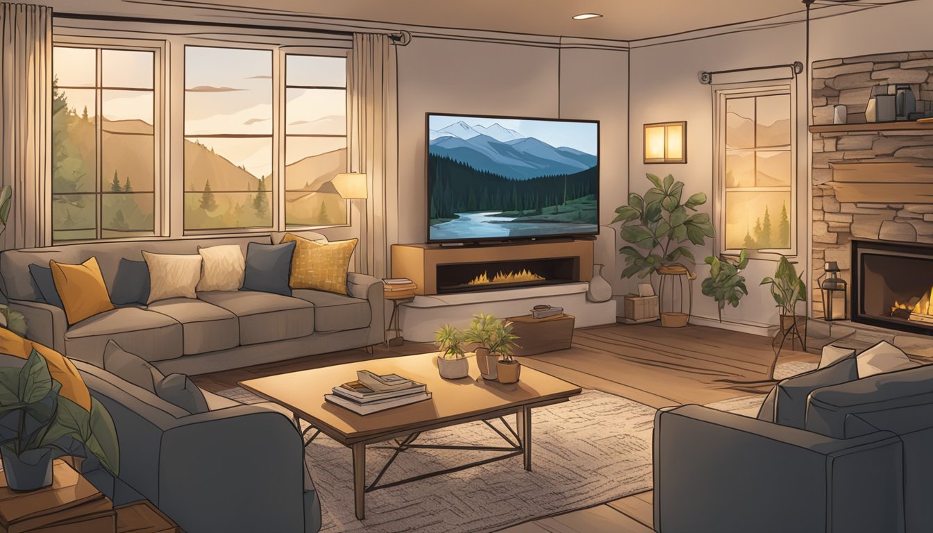 A cozy living room with a large TV displaying the show "Yellowstone," surrounded by comfortable seating and warm lighting