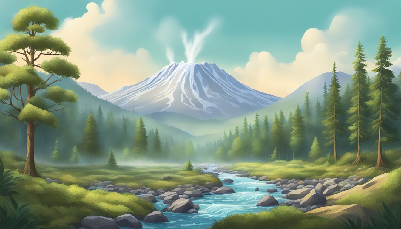 A serene forest with a bubbling stream, surrounded by towering mountains and geysers erupting in the distance