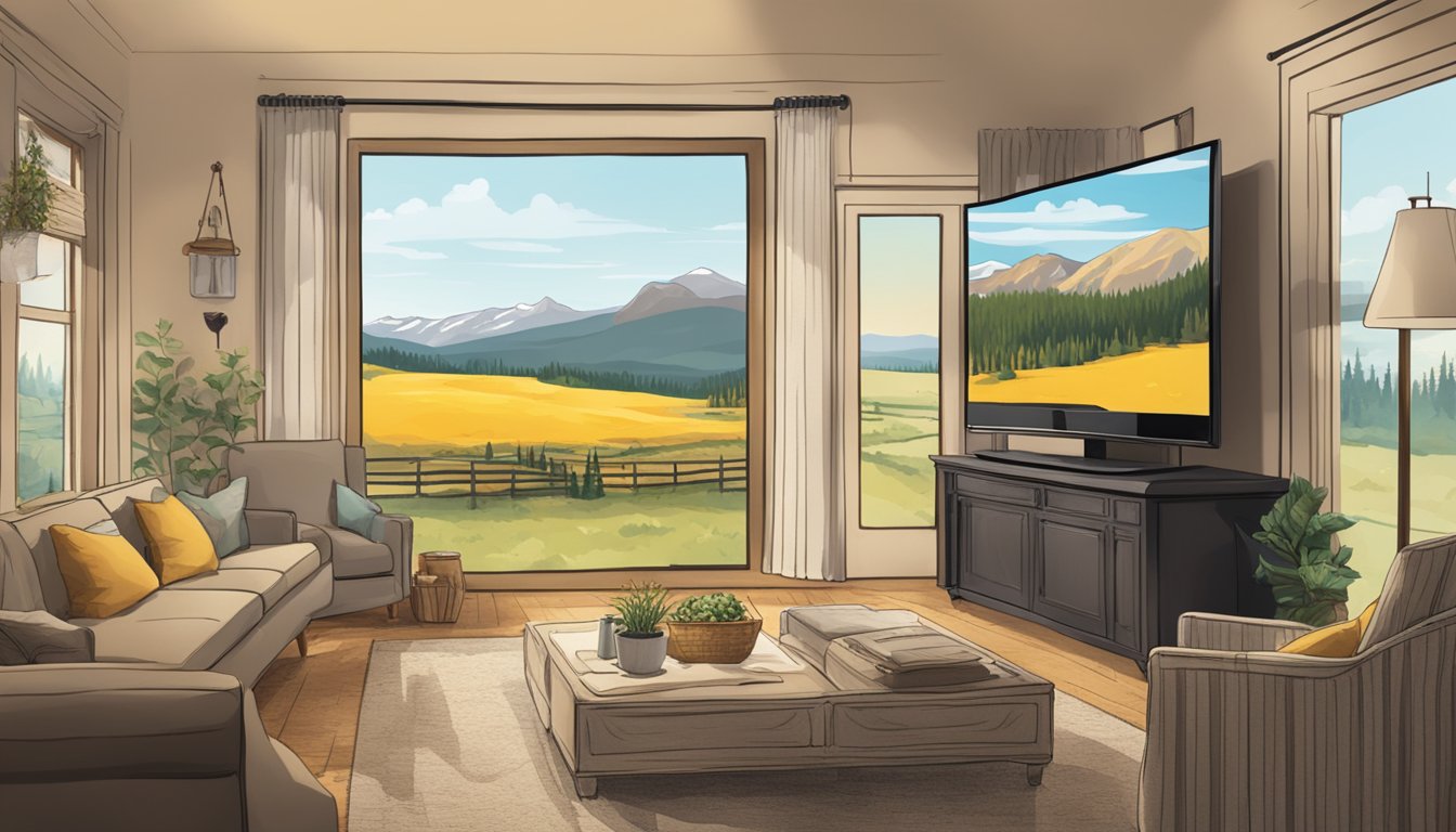 A French countryside with a TV screen showing "Yellowstone" surrounded by a cozy living room setting