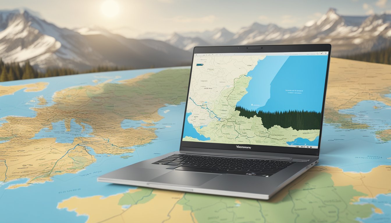 A laptop displaying the Yellowstone series on a table, with a map of Germany in the background