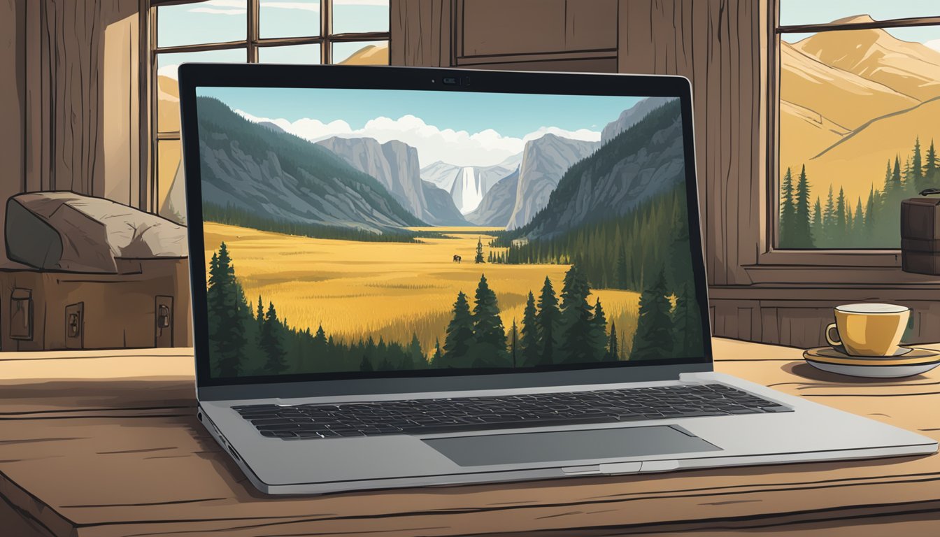 A laptop with a VPN connected to a screen showing the TV show "Yellowstone" set against a backdrop of the iconic Yellowstone National Park