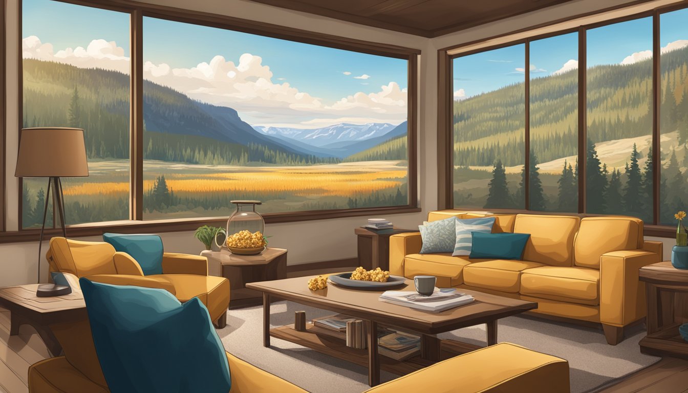 A cozy living room with a big screen TV showing the breathtaking landscapes of Yellowstone National Park. A bowl of popcorn sits on the coffee table