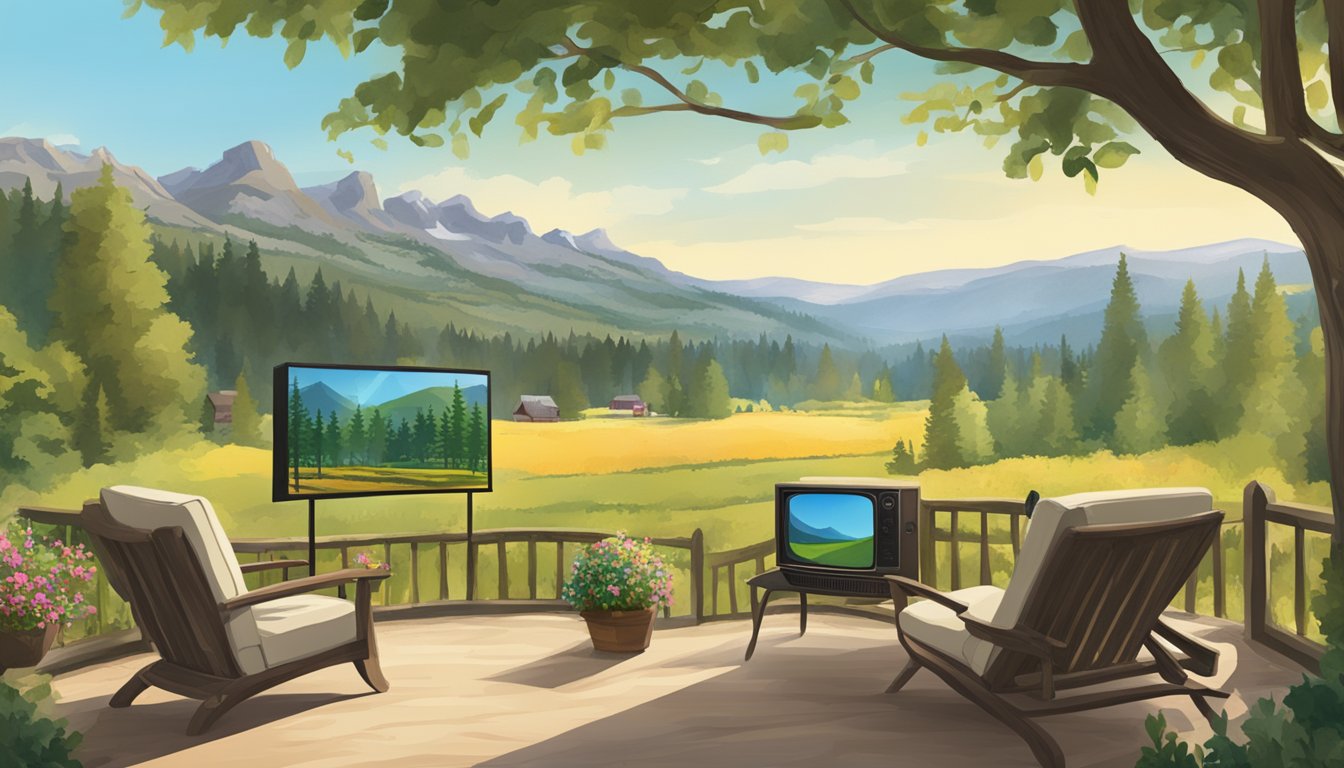 A scenic French countryside with a television displaying the show "Yellowstone" surrounded by lush greenery and a quaint outdoor seating area