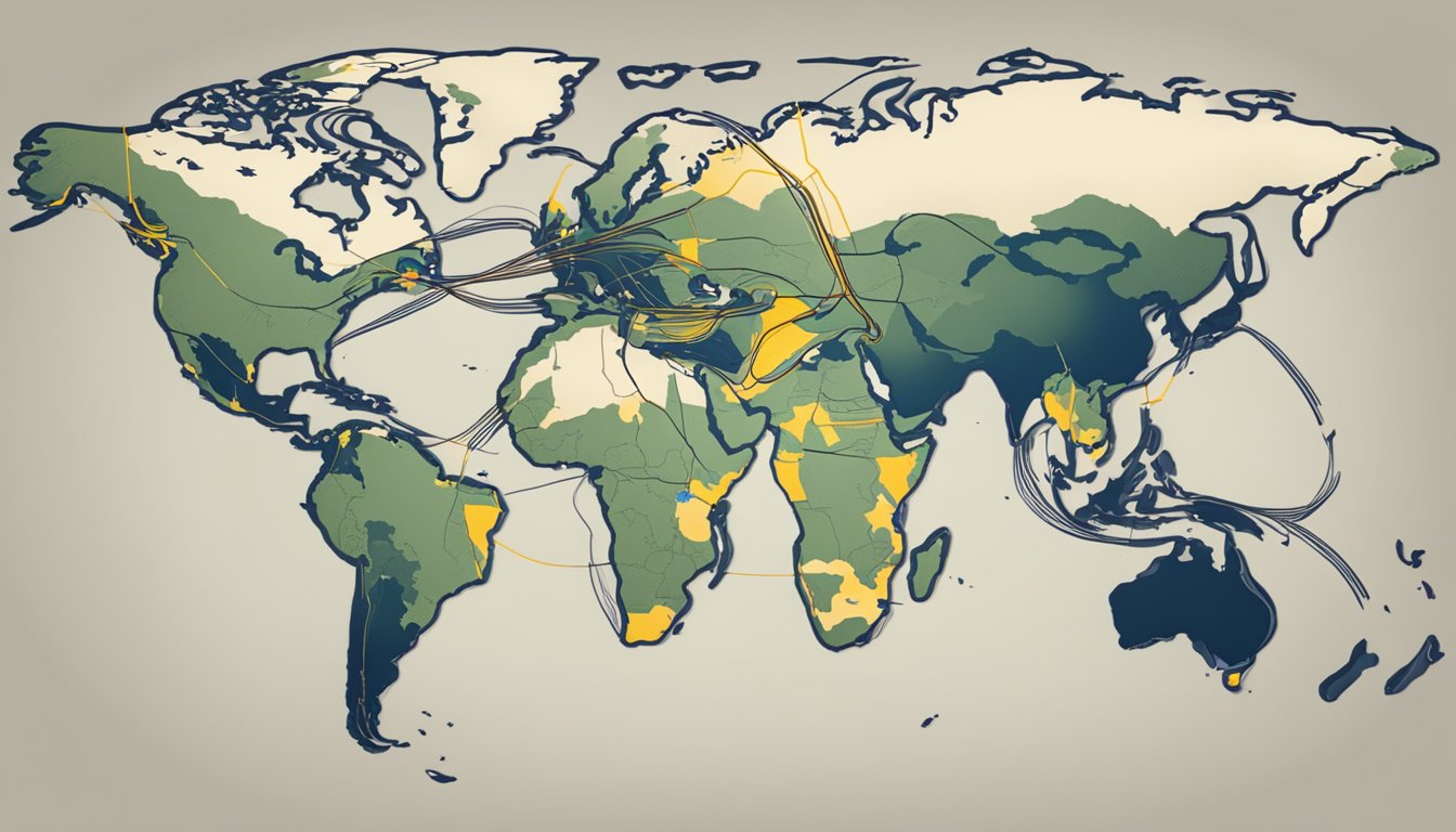 A world map with a highlighted route from the US to Germany, with a TV or streaming device displaying the show "Yellowstone."