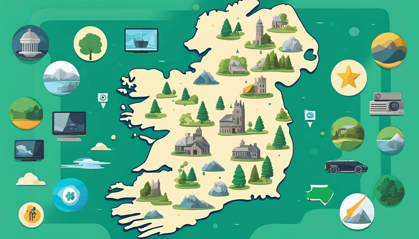 A map of Ireland with a television showing the TV show "Yellowstone" playing, surrounded by symbols representing different streaming platforms