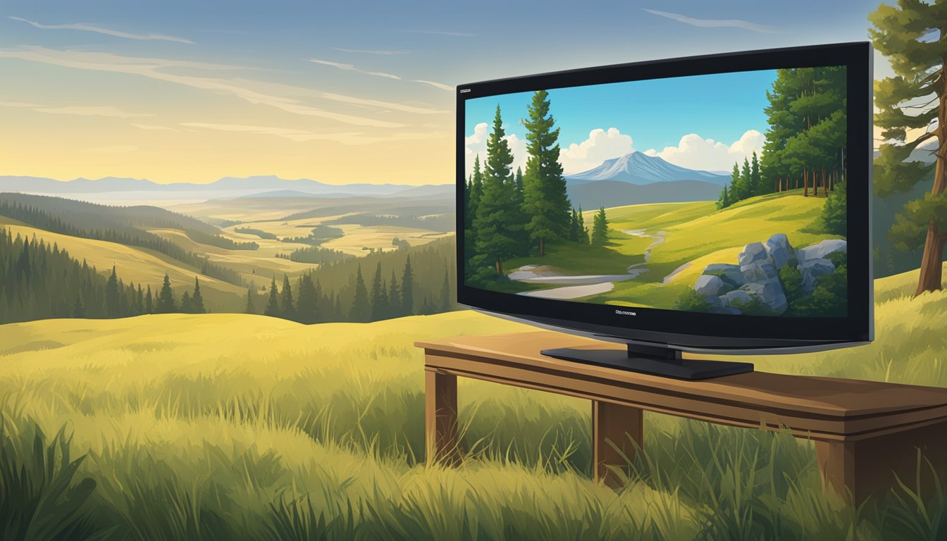 A scenic landscape of rolling hills and lush greenery, with a clear view of the horizon. A television or streaming device displaying the Yellowstone Season 5 logo