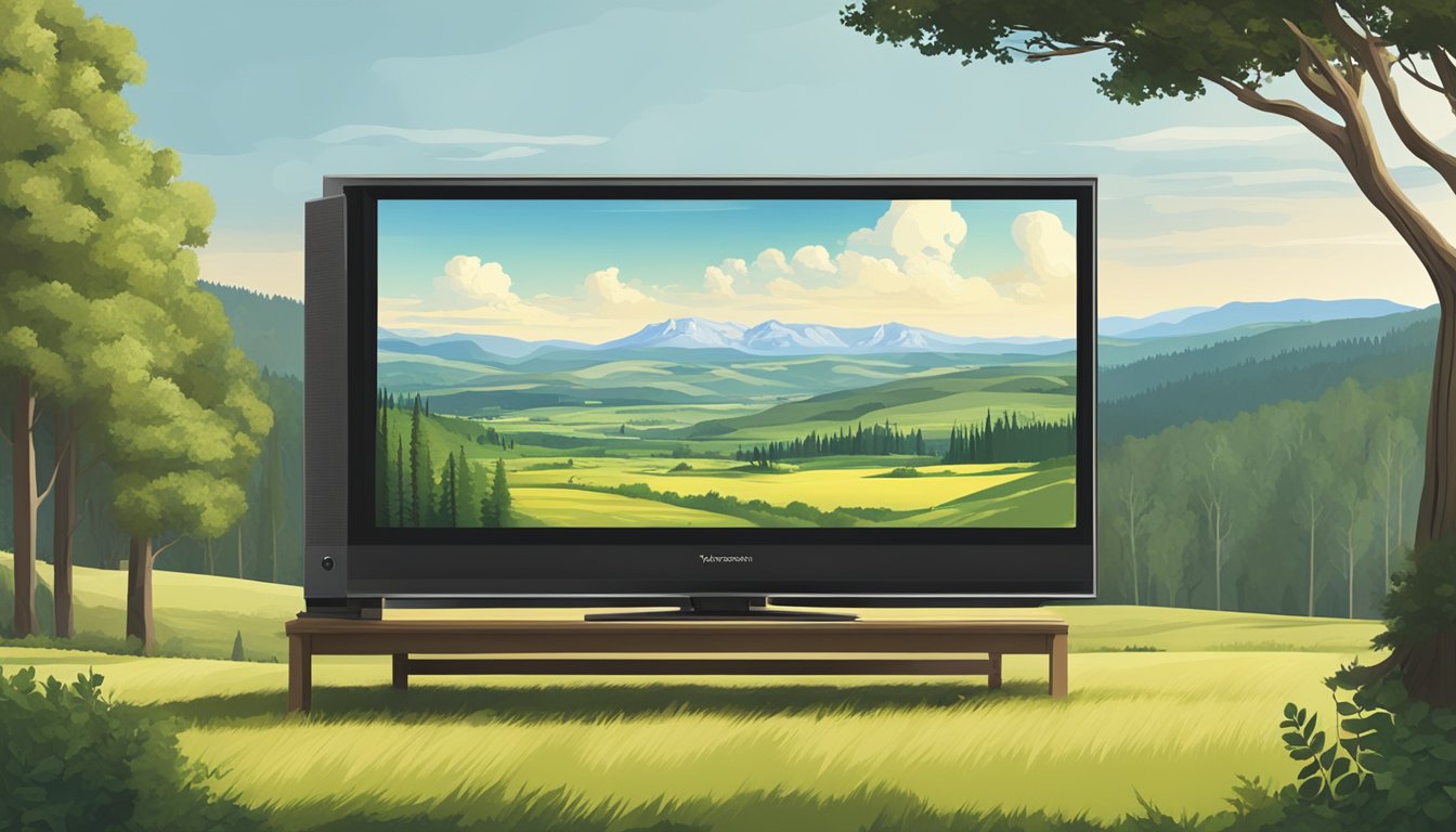 A scenic landscape of the French countryside with a TV screen showing the iconic Yellowstone National Park, surrounded by lush greenery and rolling hills