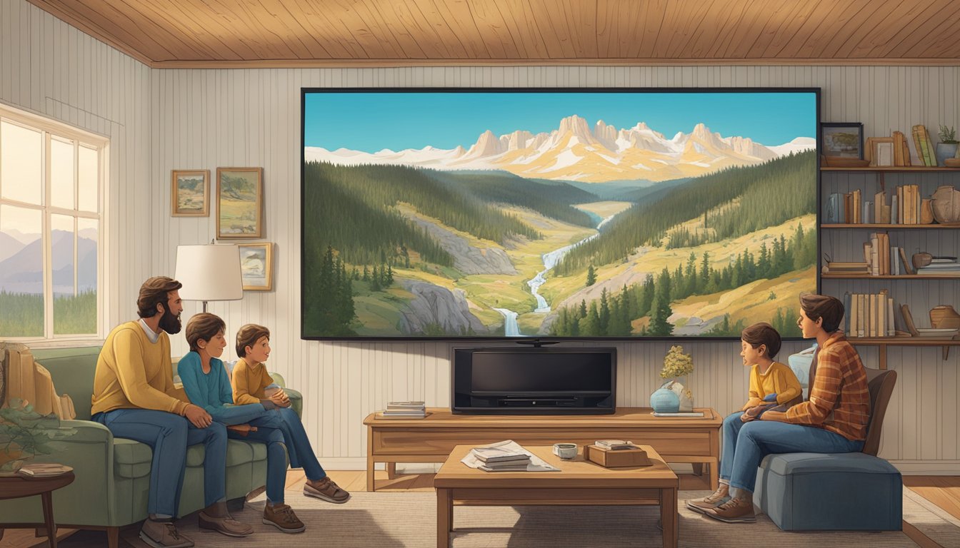 A French family gathers around a TV, displaying the iconic landscapes of Yellowstone National Park, while a map of the United States hangs on the wall